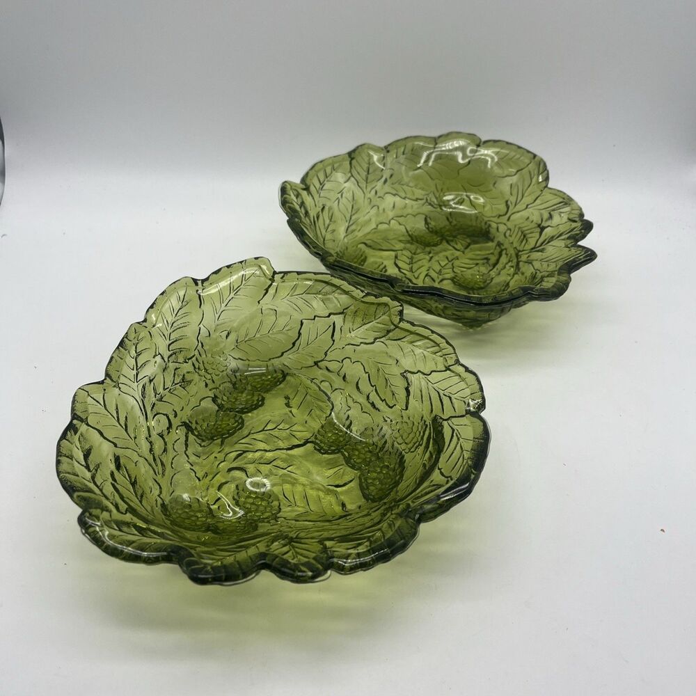 Vintage Indiana Glass Loganberry Green Candy Dish Bowl - Set of 2